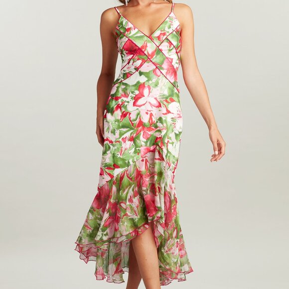 Tadashi Shoji Annie High Low Pink Floral Ruffle Hem Dress - Picture 1 of 3